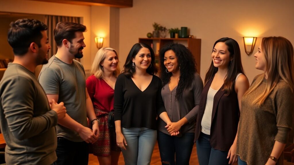 People connecting in a warm, communal polyamorous setting.