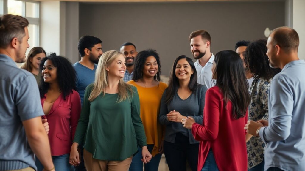 People connecting in a warm, inclusive polyamorous constellation.
