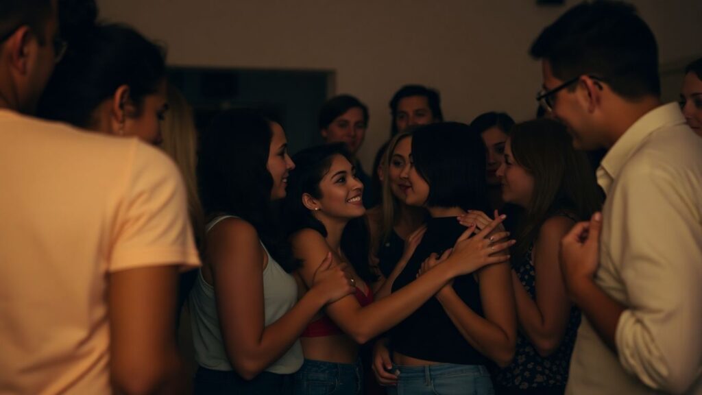 People connecting intimately in a warm, softly lit space.