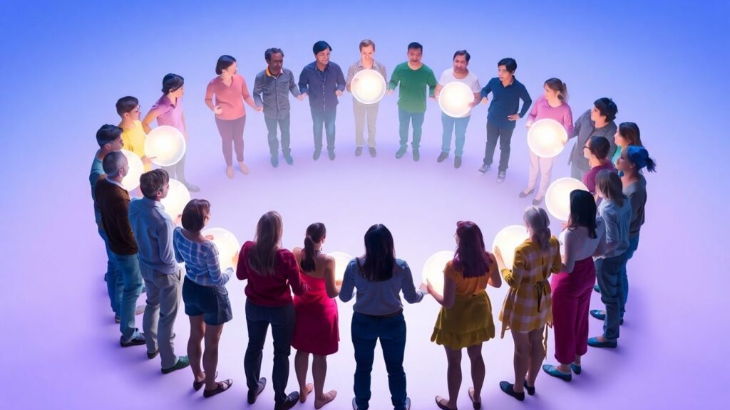 People forming a protective circle with glowing boundaries.