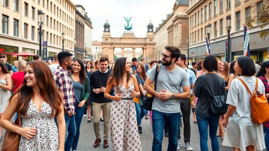 People in Berlin embracing polyamory in a lively street scene.