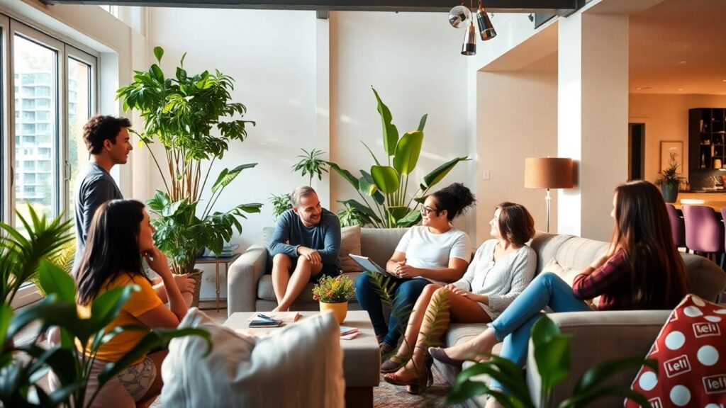 People in a bright, modern communal living room.