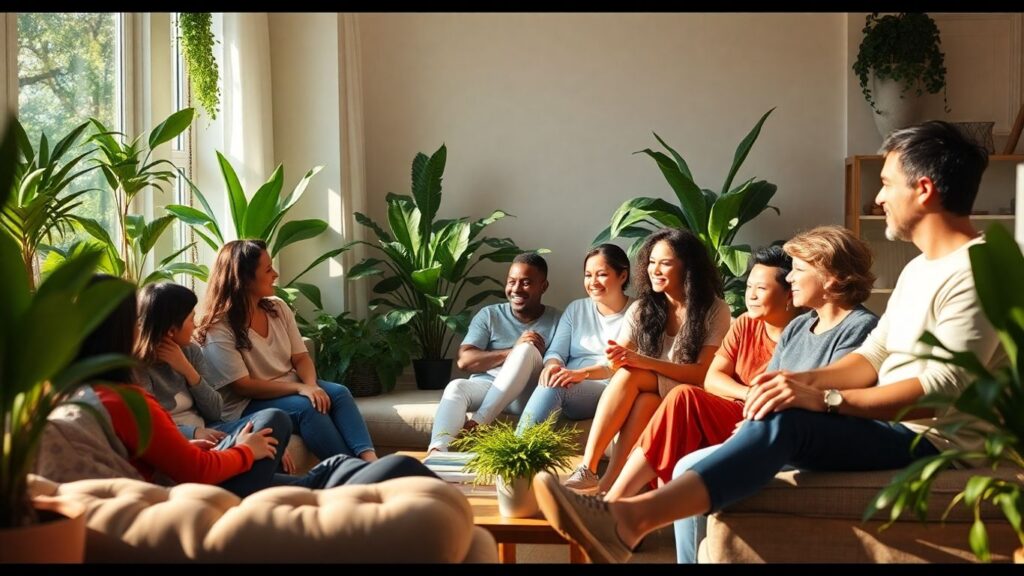 People in a bright, modern communal living room.