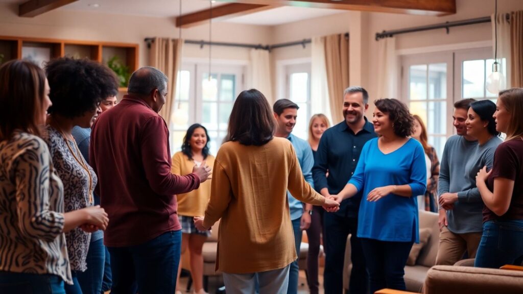 People in a group, some holding hands, showing connection.
