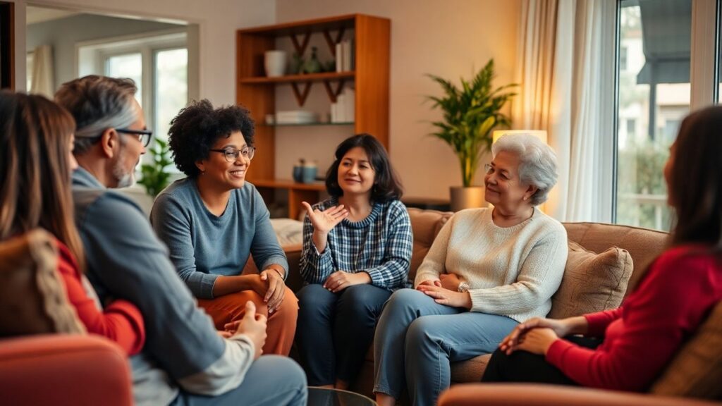 People in a living room discussing agreements and communication.