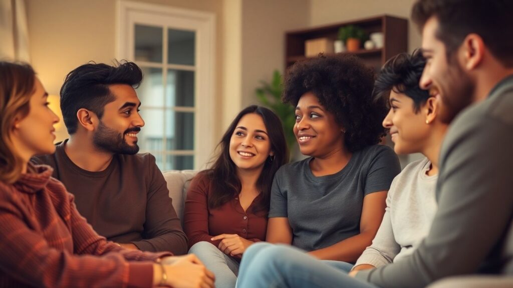 People in a living room discussing emotions harmoniously.