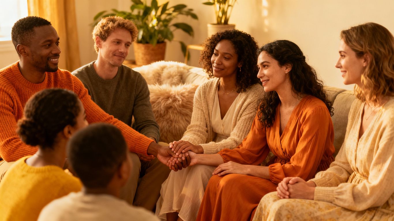 People in a warm setting, suggesting polyamorous relationships.