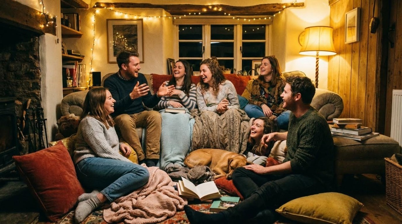 People sharing a small, cozy living room space.