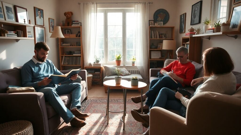 People sharing a small, cozy living space harmoniously.