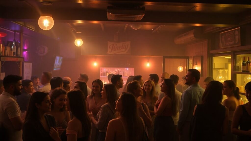 People socializing in a cozy, dimly lit bar.