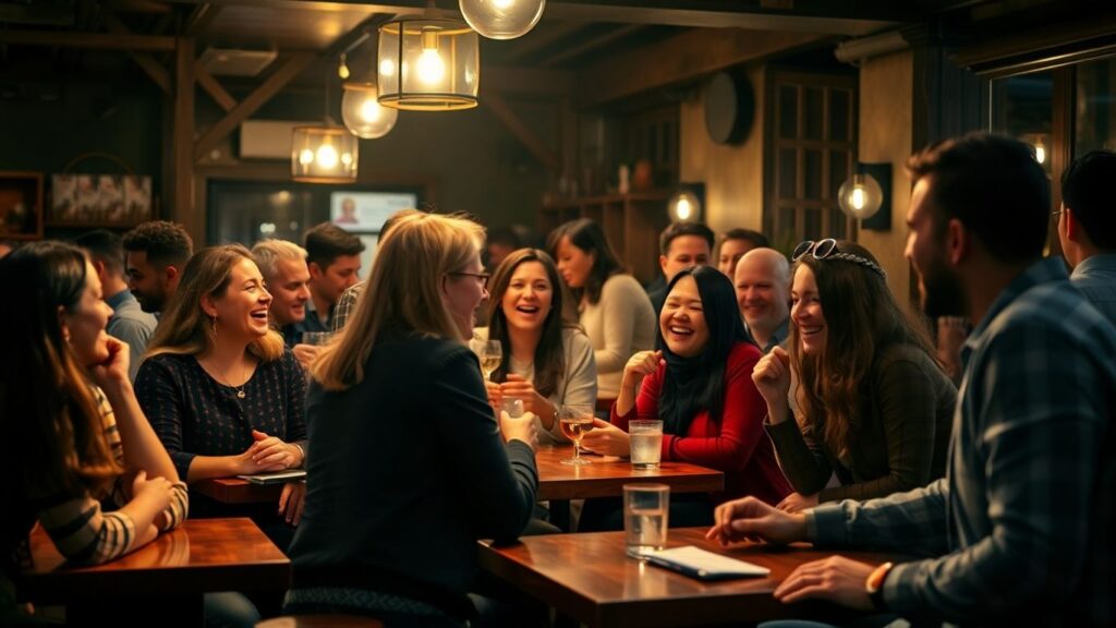 People socializing in a warm, inviting caf&eacute; setting.