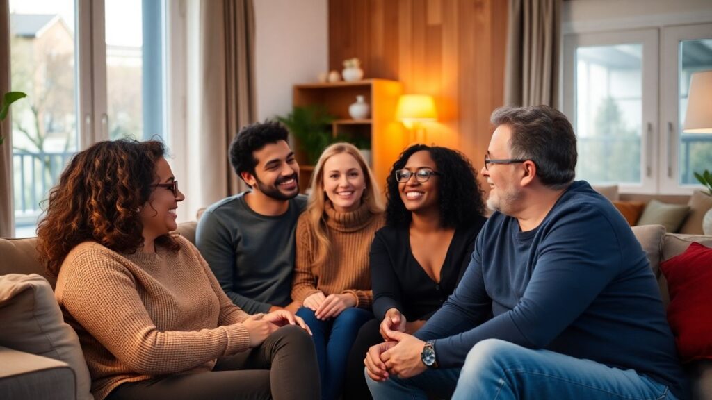 People talking comfortably in a cozy living room.