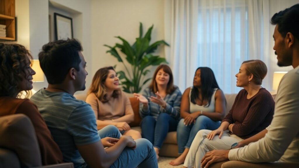 People talking comfortably in a living room.