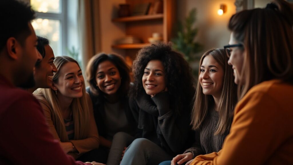 People talking openly about relationships and personal growth.