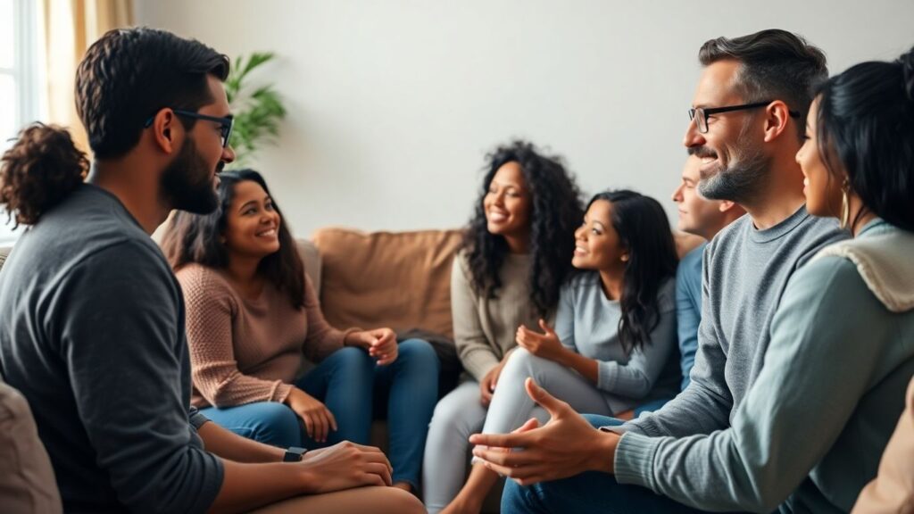 People talking openly in a comfortable living room setting.