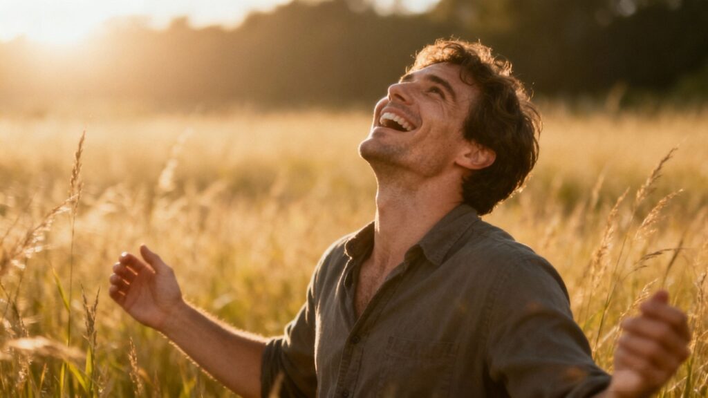 Person embracing freedom and self-reliance in a sunny landscape.