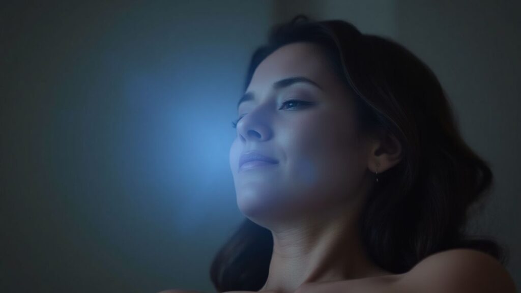 Person experiencing energy orgasm, serene and relaxed.