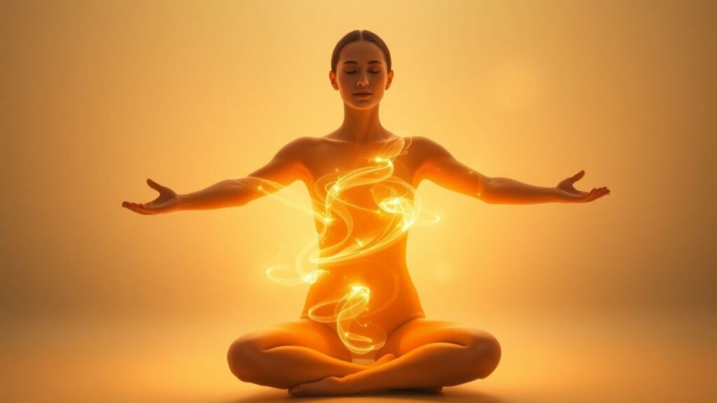 Person experiencing energy orgasm with glowing aura