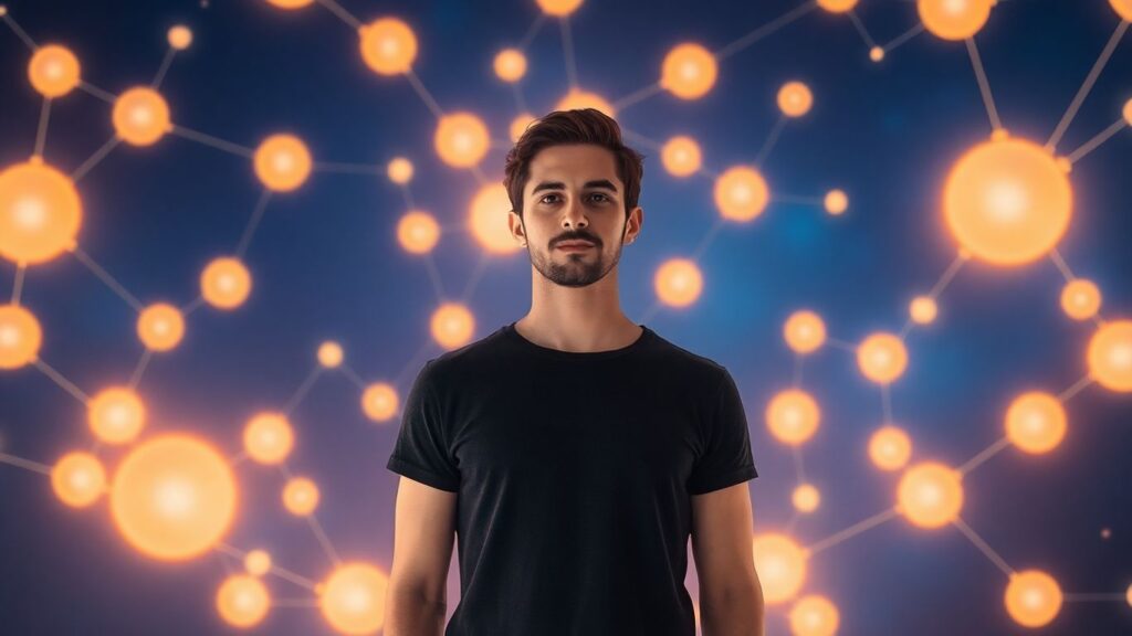 Person in a colorful, abstract constellation of glowing orbs.