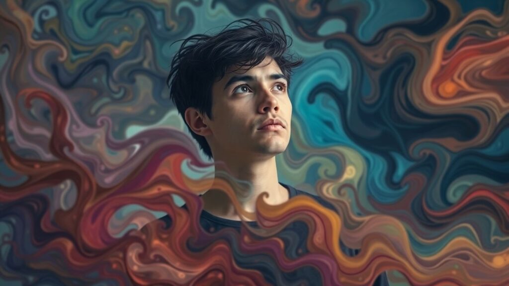Person in a complex emotional landscape with swirling colors.