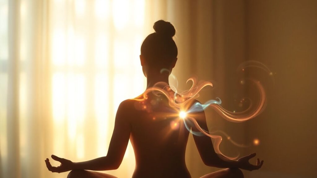 Person in meditative pose with healing energy