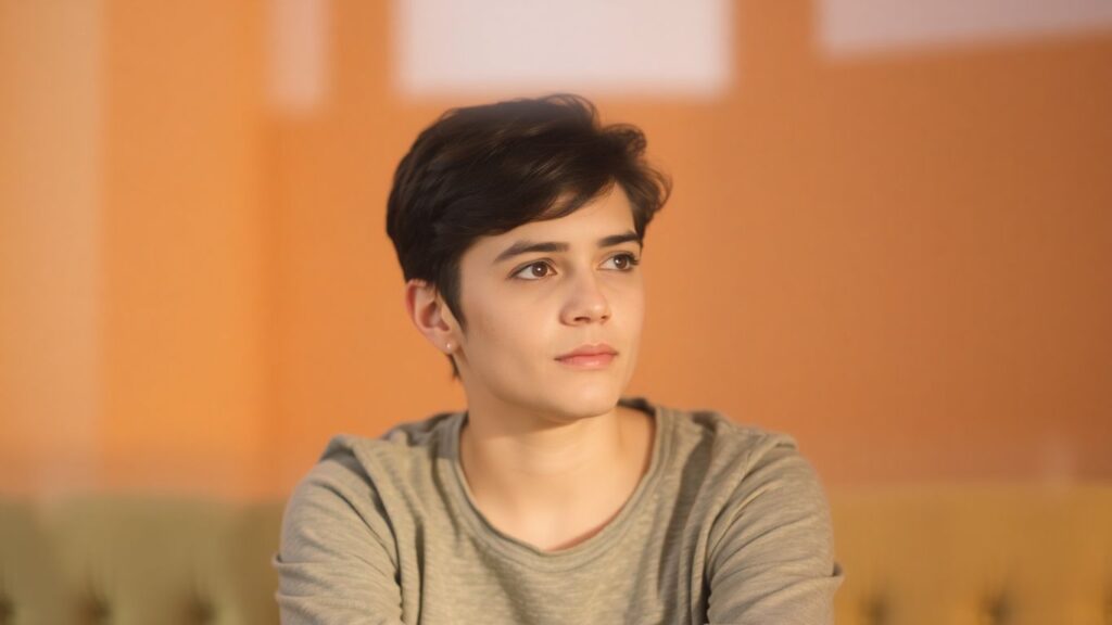 Person in soft light, contemplating their identity.