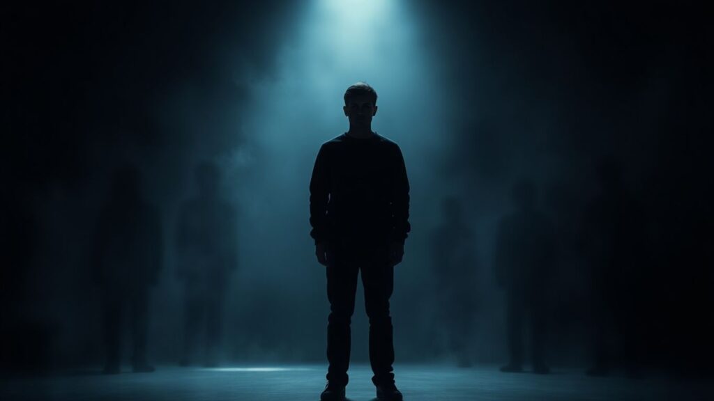 Person in spotlight, isolated from blurred figures.