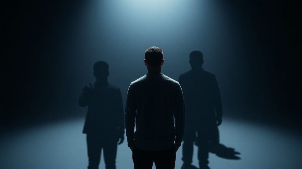 Person isolated in spotlight, others pointing.