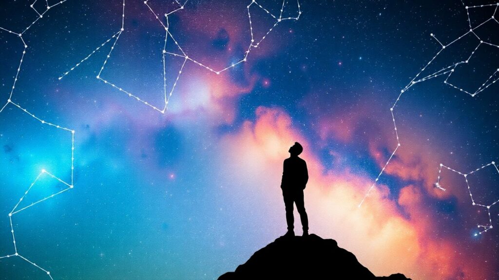 Person looking at starry sky with constellation lines.