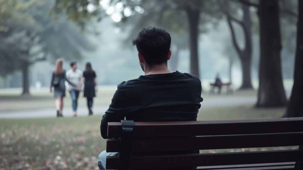 Person looking conflicted, two figures walking away together.