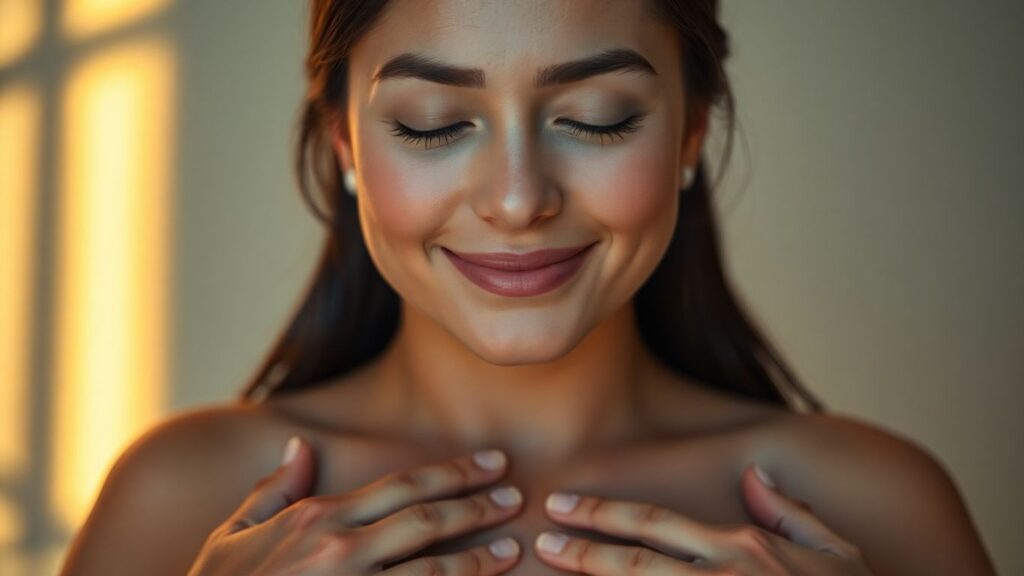 Person meditating with eyes closed and a smile.