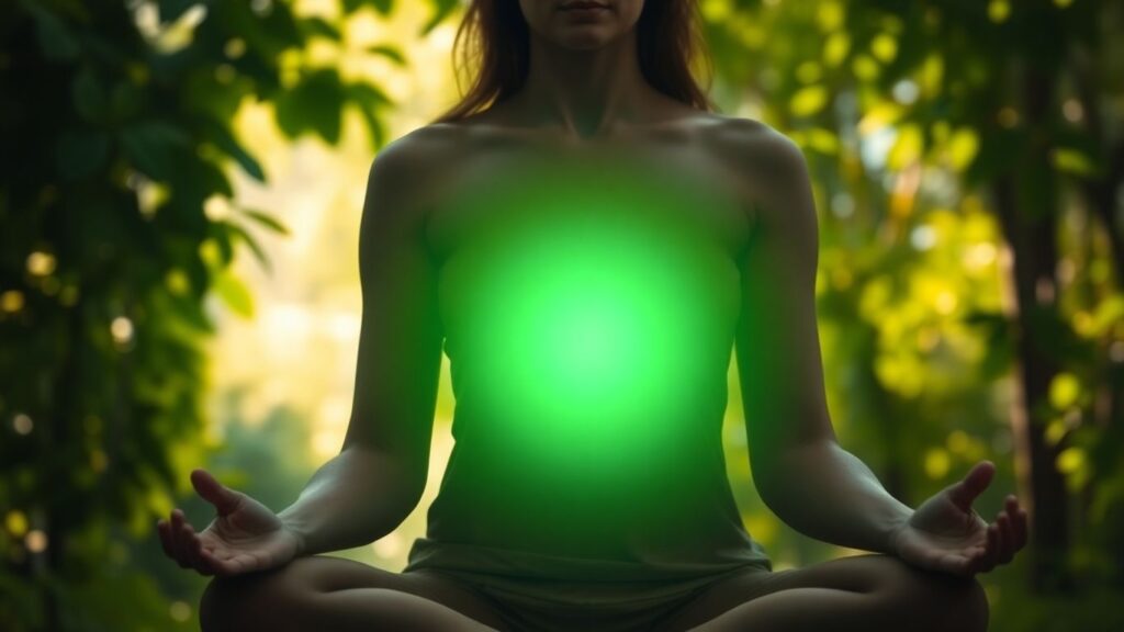 Person meditating with green heart chakra energy