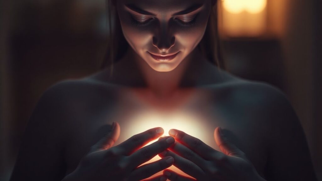 Person meditating with light from heart chakra