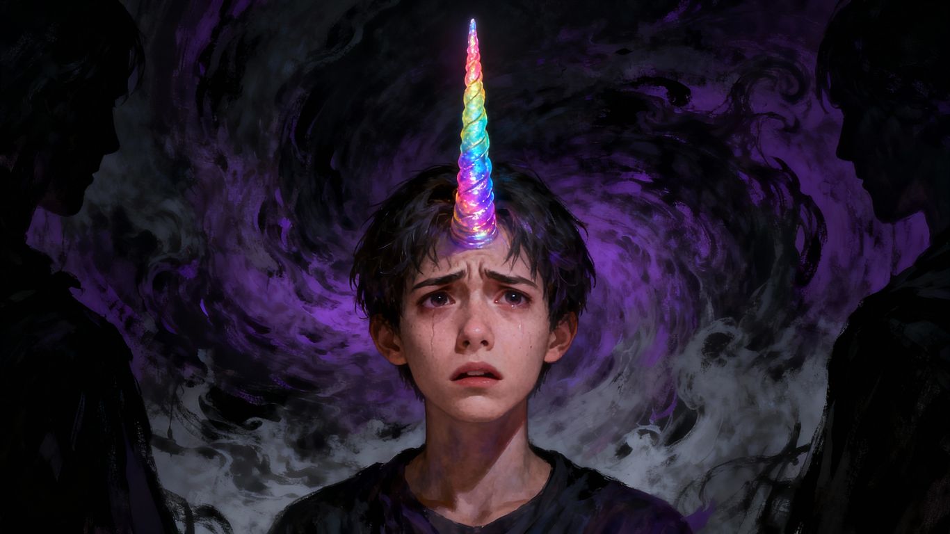 Person with unicorn horn, distressed, dark background