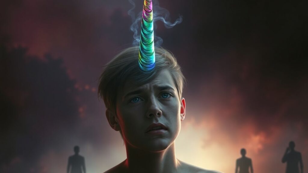 Person with unicorn horn looking distressed amid stormy background.