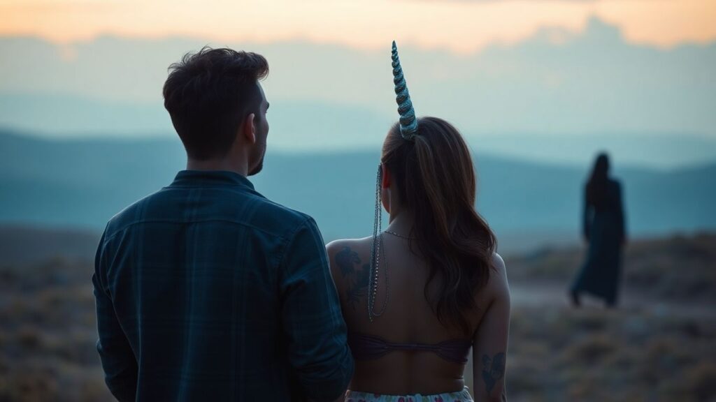 Polyamorous couple and a unicorn horn.
