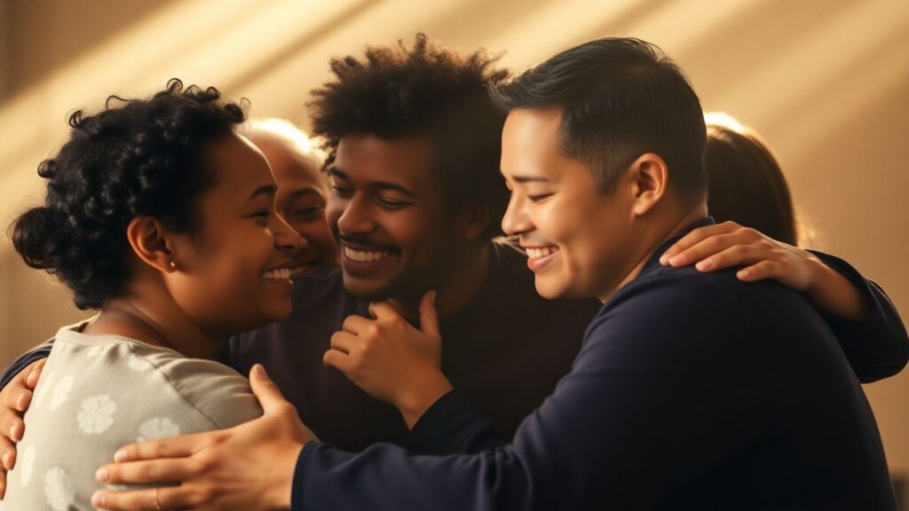 Polyamorous couple embracing with heart energy