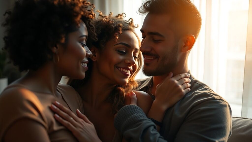 Polyamorous couple in intimate, sensual embrace.