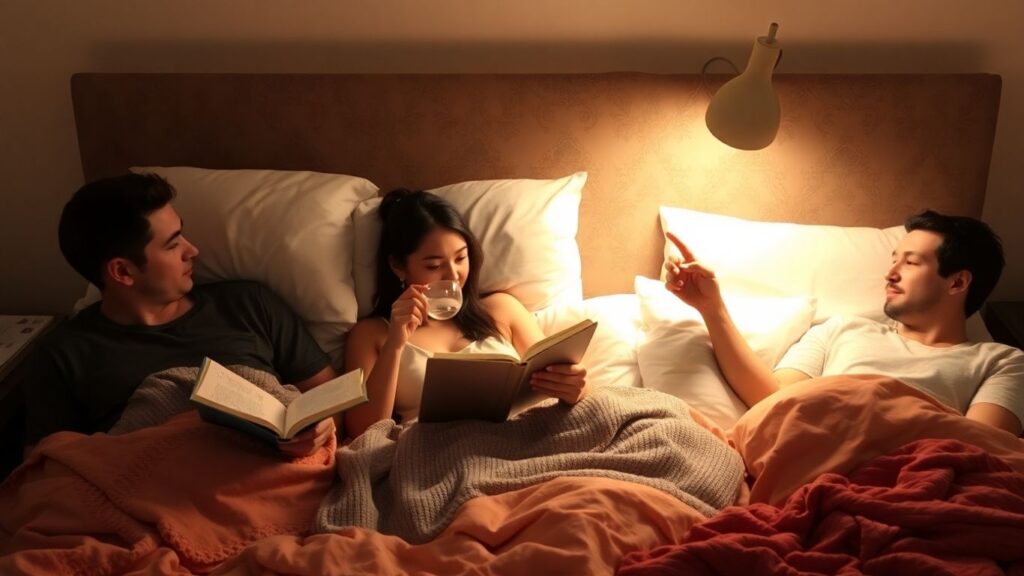 Polyamorous couple sharing a cozy bedroom space.