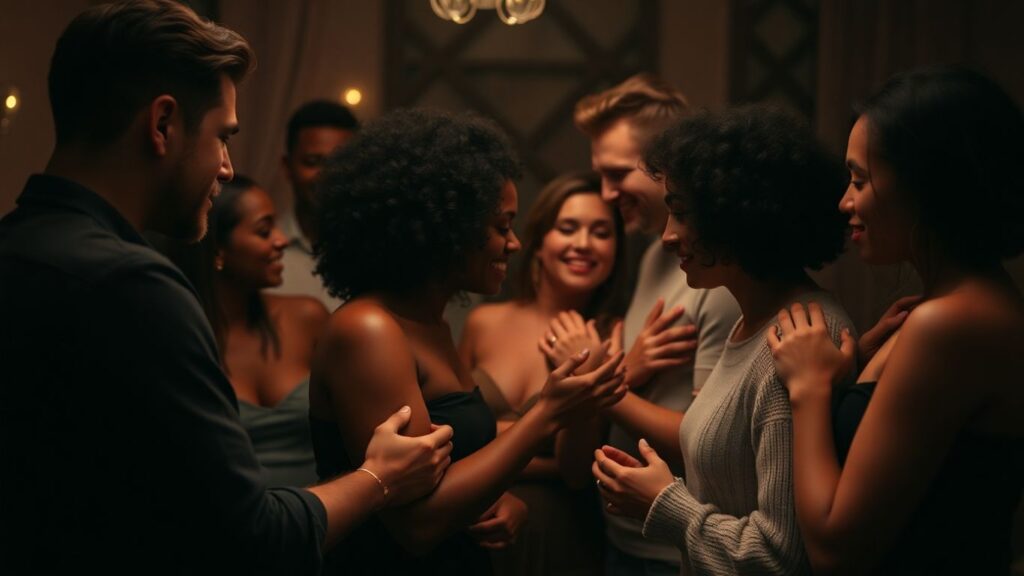 Polyamorous couple sharing intimate, connected touch.