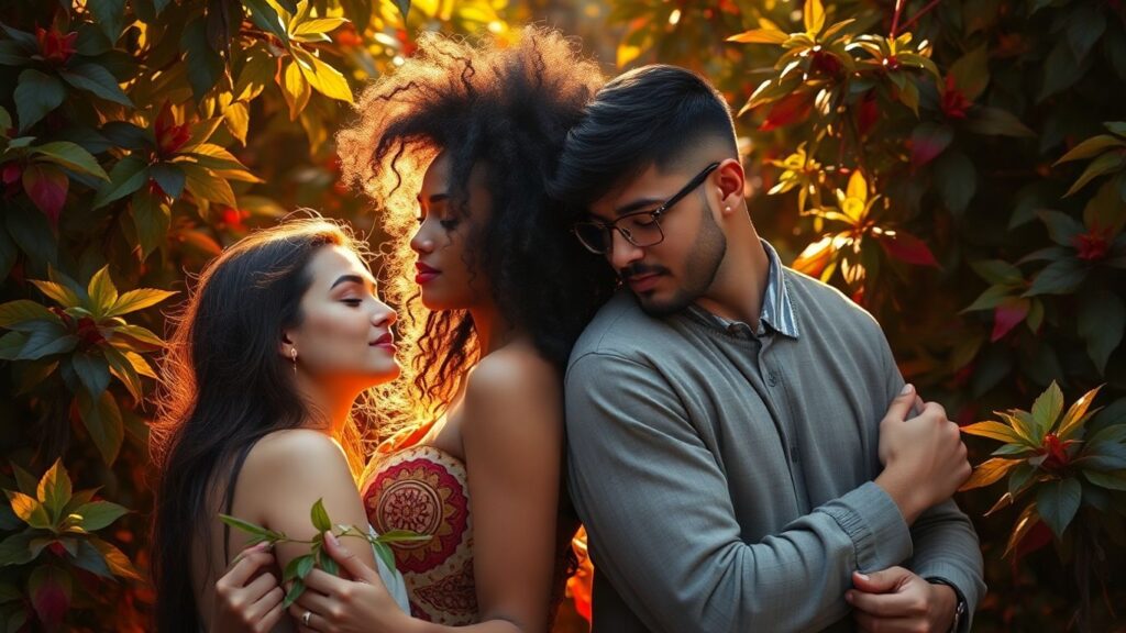 Polyamory and personal growth in a loving embrace.