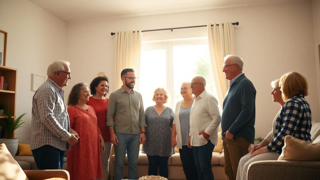 Polycule cohabiting in a warm, sunlit living room.