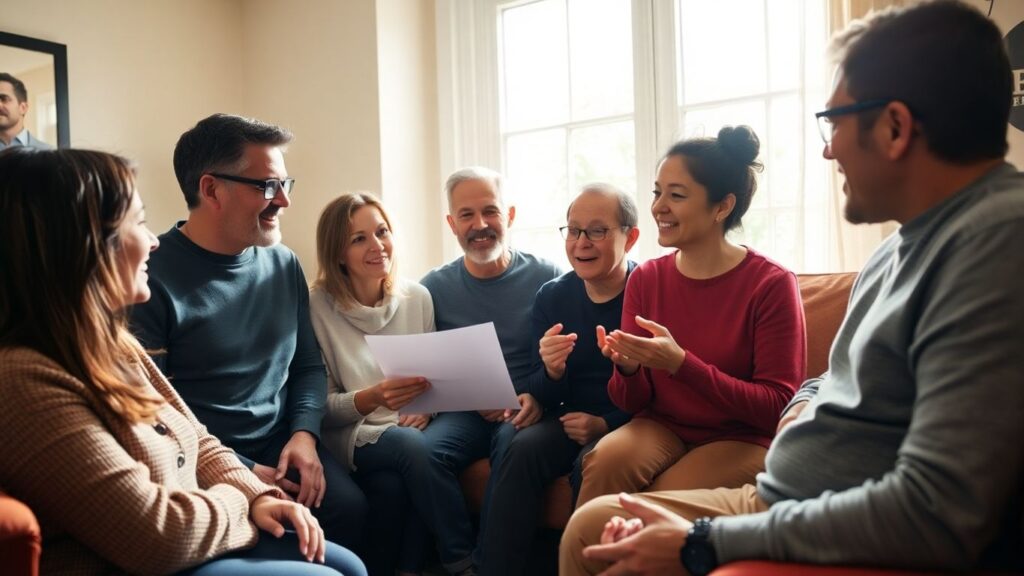 Polycule discussing finances in a shared living space.