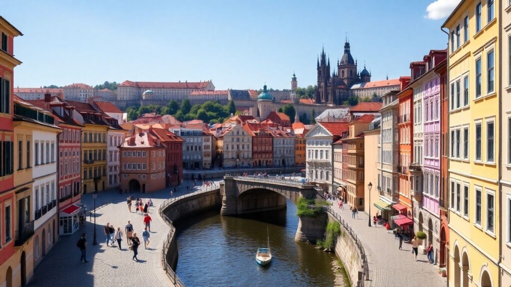 Prague cityscape with Charles Bridge and Prague Castle.