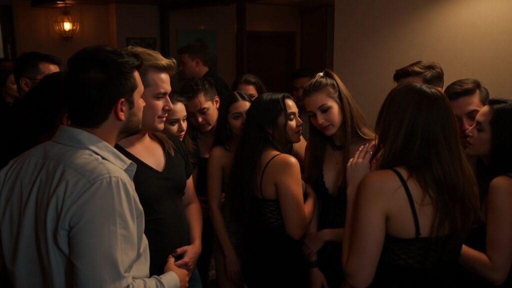 Queer individuals connecting in an intimate, dimly lit space.