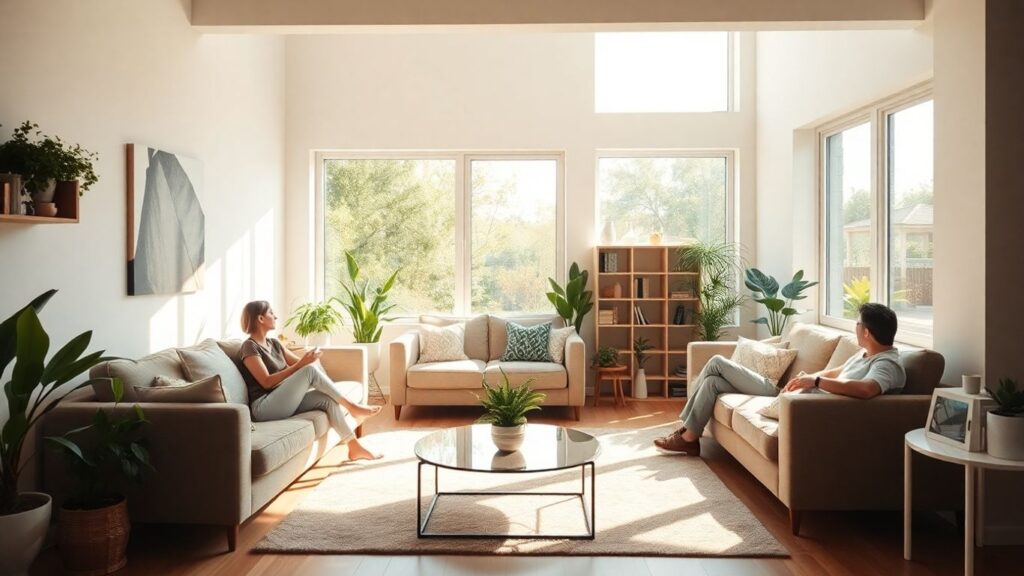 Shared living room design for a polyamorous home.