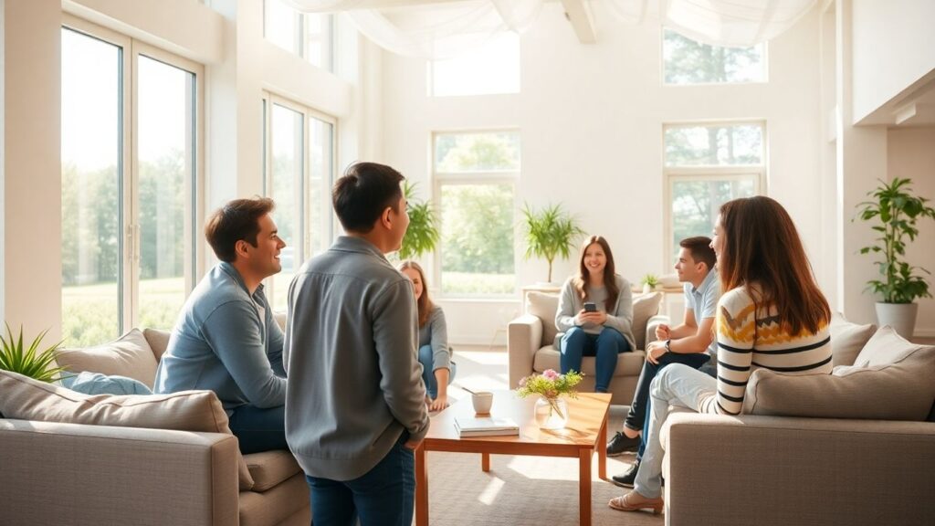 Shared living space with comfortable seating and natural light.