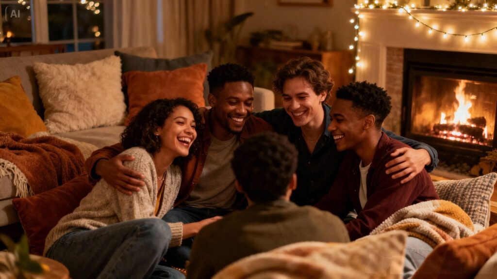 Soft light over a cozy space where multiple partners lean in, showing trust and shared connection.