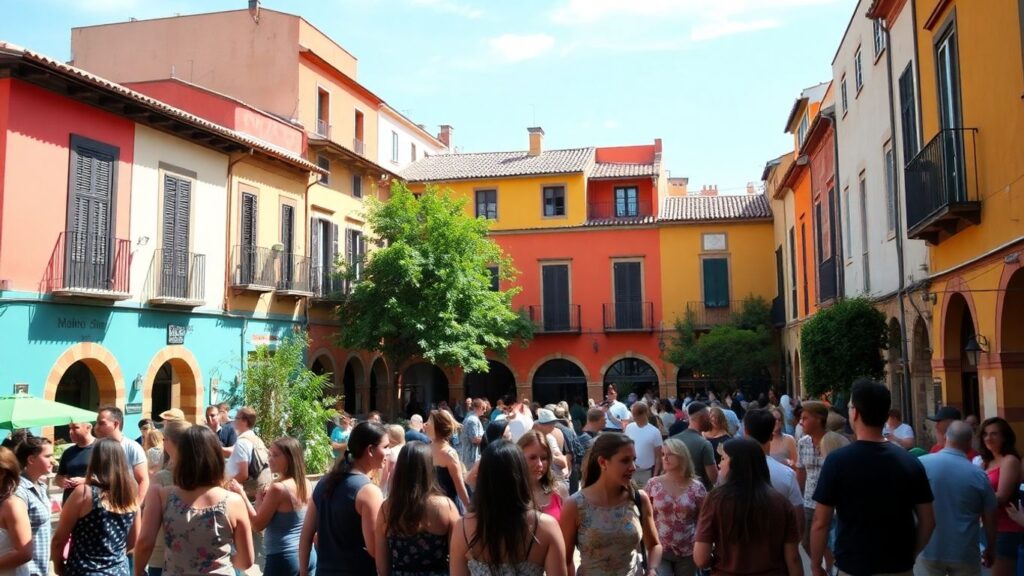 Spanish plaza with people mingling, evoking connection and open-mindedness.