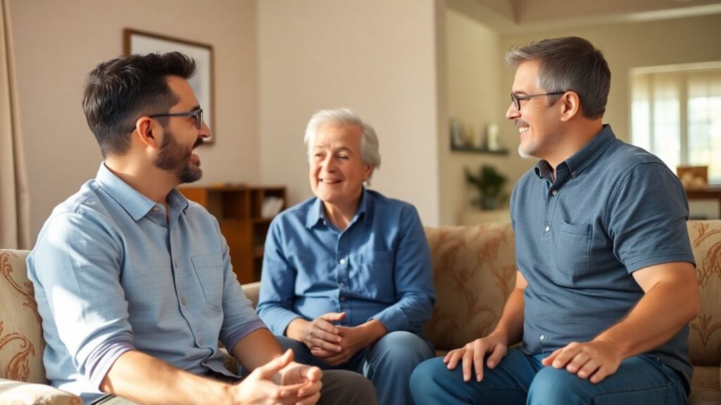 Three adults communicating harmoniously in a cozy living space.
